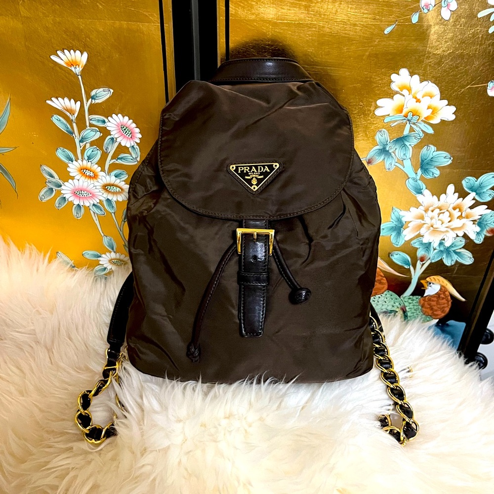Authentic Prada Brown Tessuto Chain Drawstring Backpack small